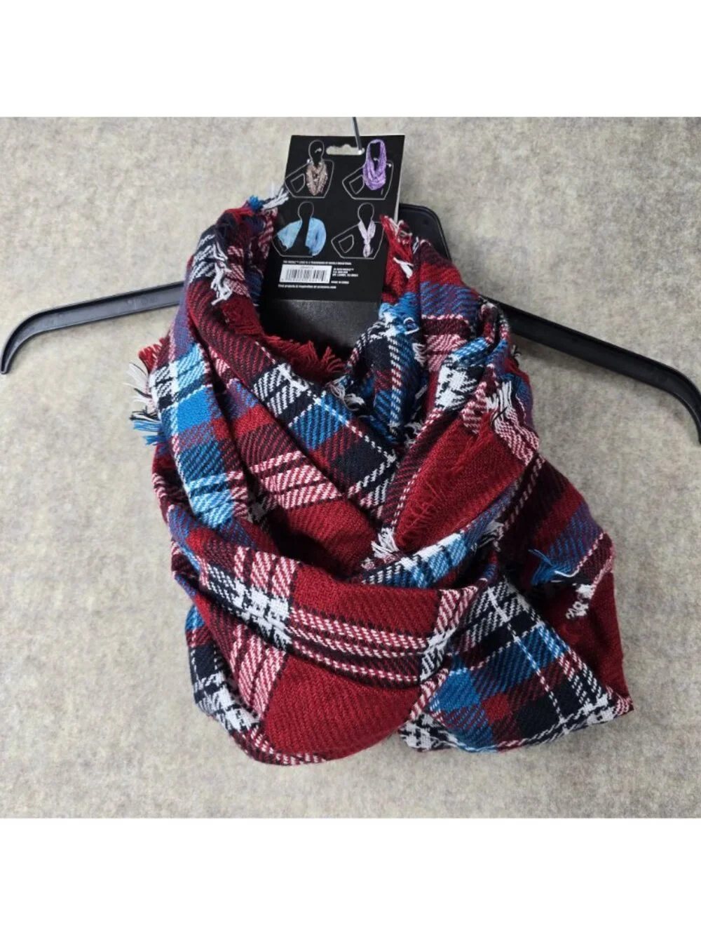 Nicole Infinity Scarf Plaid 100% Acrylic Red & Blue Soft Lightweight